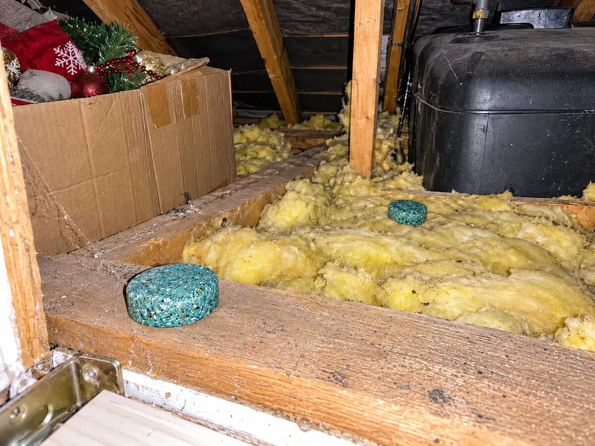 MintGuard repellent ball placed on a loft beam